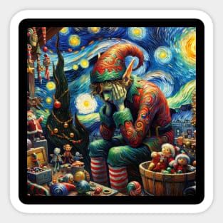 Solitary Elf: Starry Night Gift Preparation - Van Gogh-Inspired Art Series Sticker